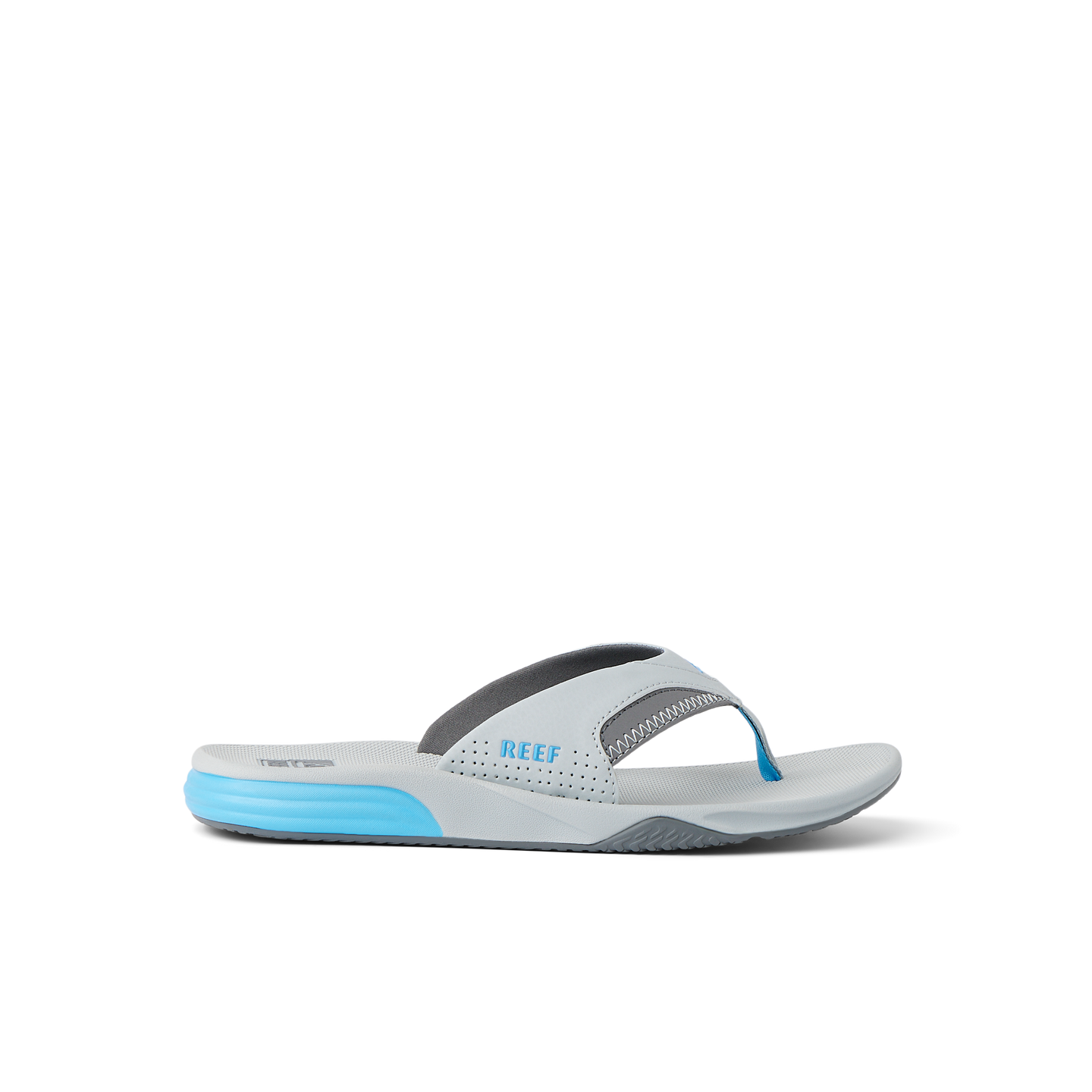 Side view of right-facing Cushion Fanning sandal with blue and gray surf-inspired design and extra cushioning for comfort