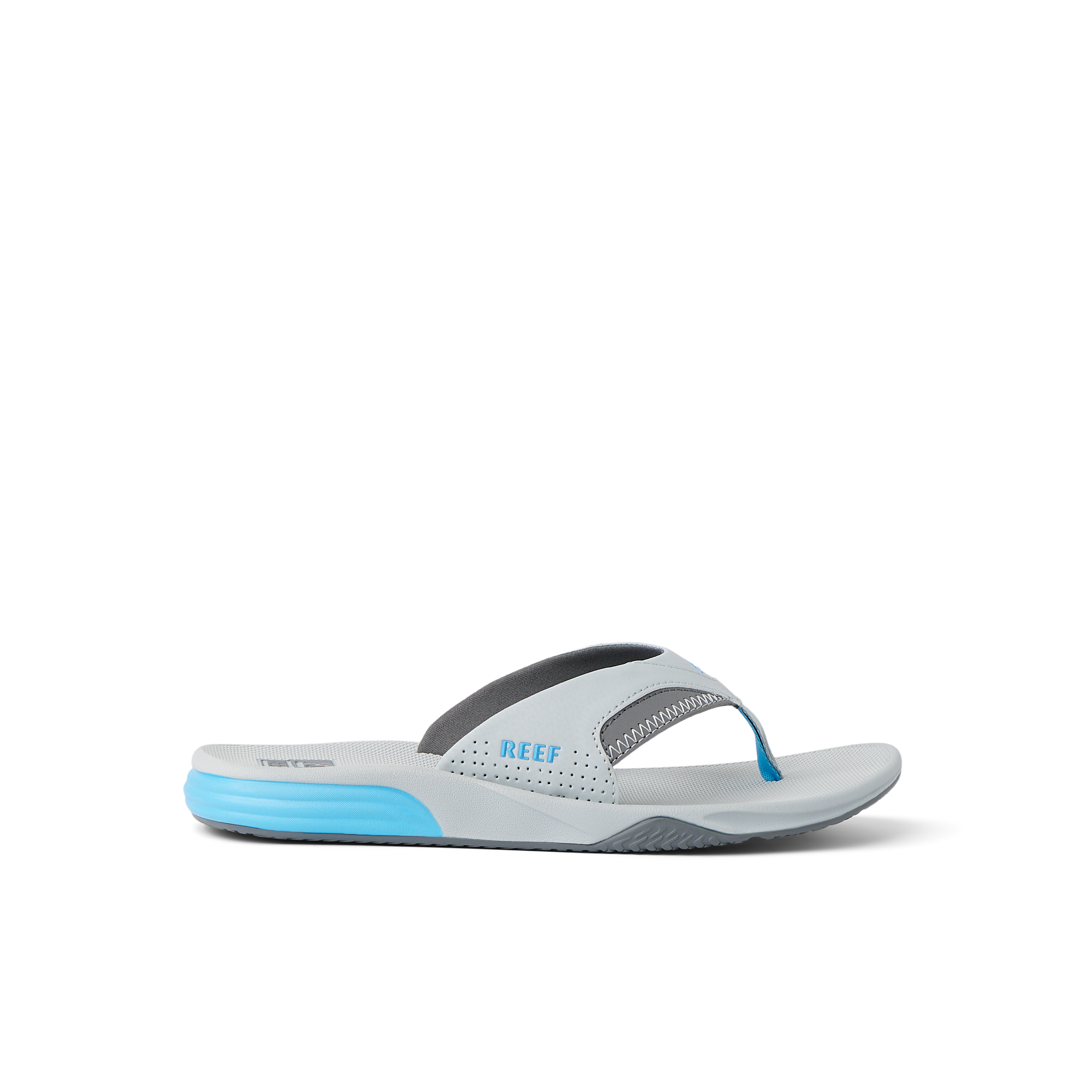 Side view of right-facing Cushion Fanning sandal with blue and gray surf-inspired design and extra cushioning for comfort
