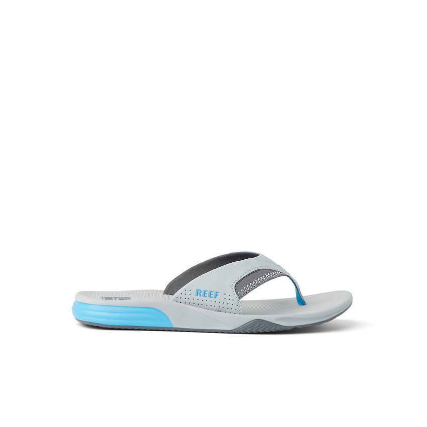 Side view of right-facing Cushion Fanning sandal with blue and gray surf-inspired design and extra cushioning for comfort