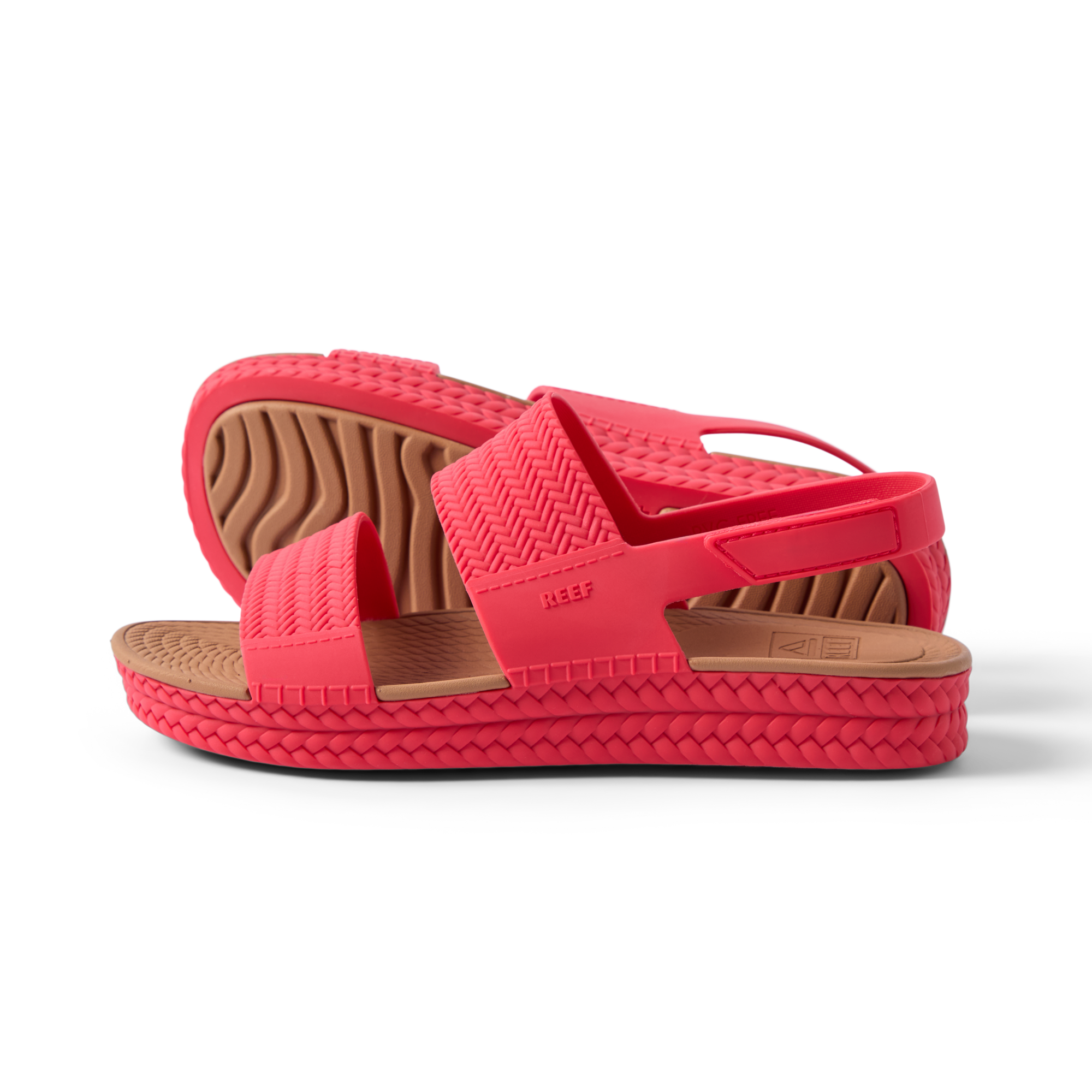 Reef Water Vista women's red sandal facing right showing outer side with soft-rebound cushioning and durable sole.