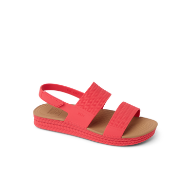 Reef Water Vista women's coral sandal facing right, close-up of the sandal's side with cushioned sole and straps.