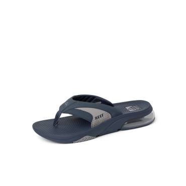 Fanning + men's navy grey flip flop facing left, highlighting arch support and soft-rebound cushioning midsole