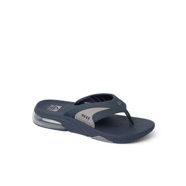 Fanning + men's navy and grey sandal facing right, showing toe post and cushioned arch support for beach comfort