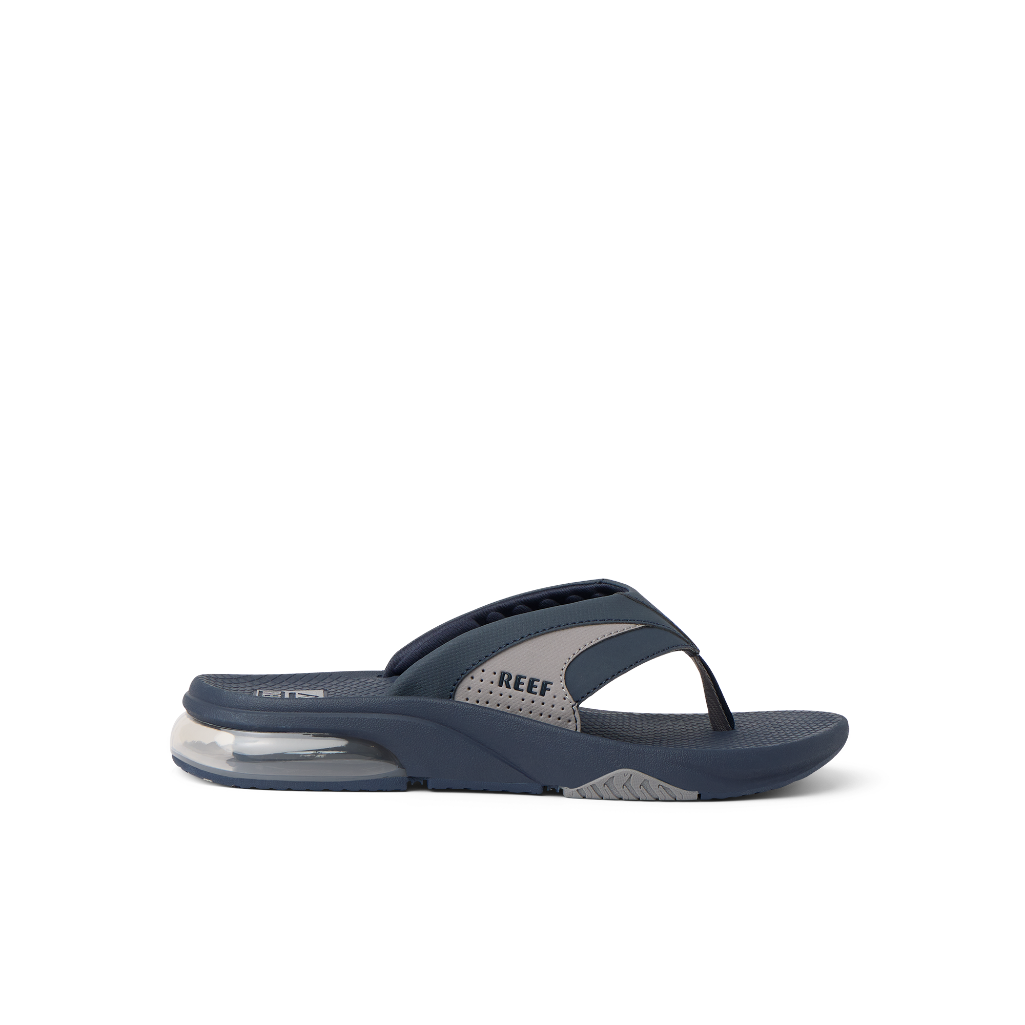Fanning + men's navy and grey flip flop facing right with soft-rebound cushioning and anatomical arch support