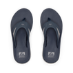 Pair of men's Fanning + flip flops facing upward, navy and grey, with anatomical arch support and cushioned footbeds