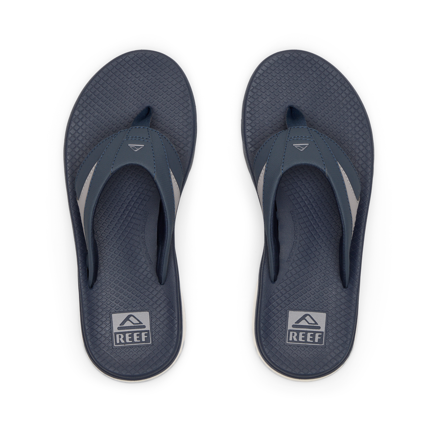 Pair of men's Fanning + flip flops facing upward, navy and grey, with anatomical arch support and cushioned footbeds