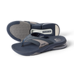 Fanning + men’s navy gray flip flops, angled left showing top and sole, comfort cushioning and arch support