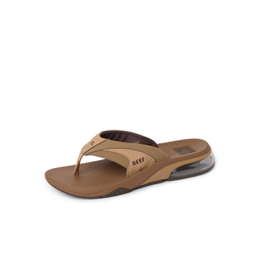Fanning + men's brown surf-inspired sandal facing right with arch support and soft-rebound cushioning for beach comfort