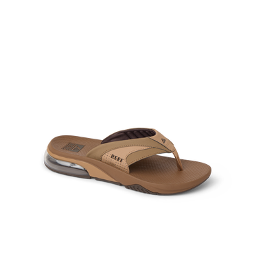 Fanning + brown men's flip flop facing right, featuring anatomical arch support and soft-rebound cushioning for beach comfort.