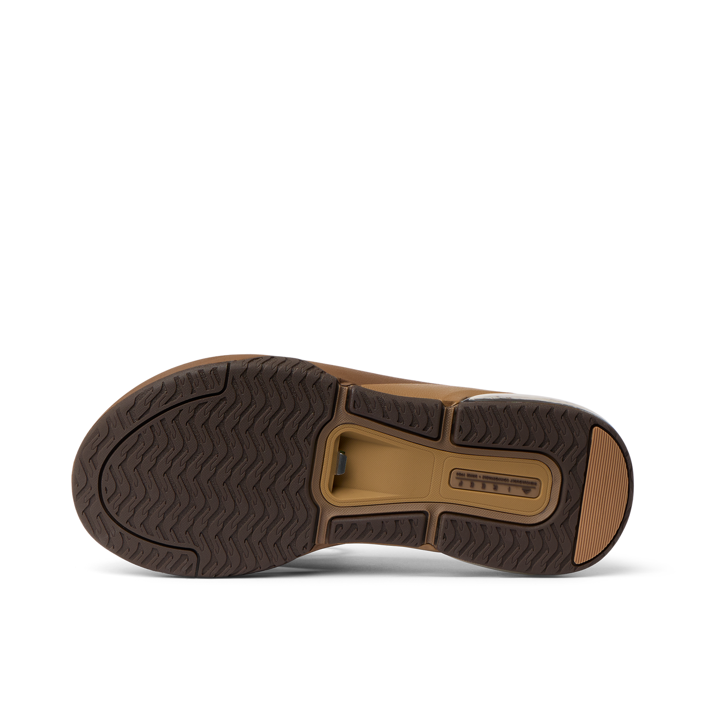 Fanning + men's shoe outsole facing upward, showcasing durable, water-friendly tread and arch support design.