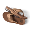 Pair of Fanning + men's brown flip flops shown from side and top, featuring cushioned sole and anatomical arch support