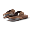 Rear close-up of brown Fanning + men's sandals showing soft-rebound cushioning and anatomical arch support, facing right.