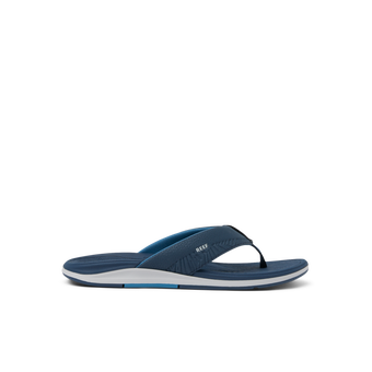 Offshore men's navy blue flip flop facing right with extra cushioning and anatomical arch support for beach comfort