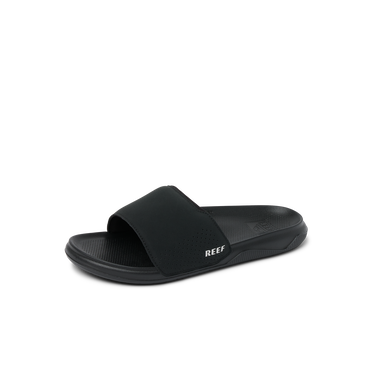 Tailslide black slide sandal facing right, showing top and side, with anatomical arch support and cushioned footbed.