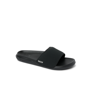 Tailslide men's black slide facing right showing top and side with arch support, water-friendly beach-inspired design