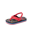 Little Ahi toddler boys' sandal facing left, red straps, colorful patterned footbed with arch support and soft cushioning.