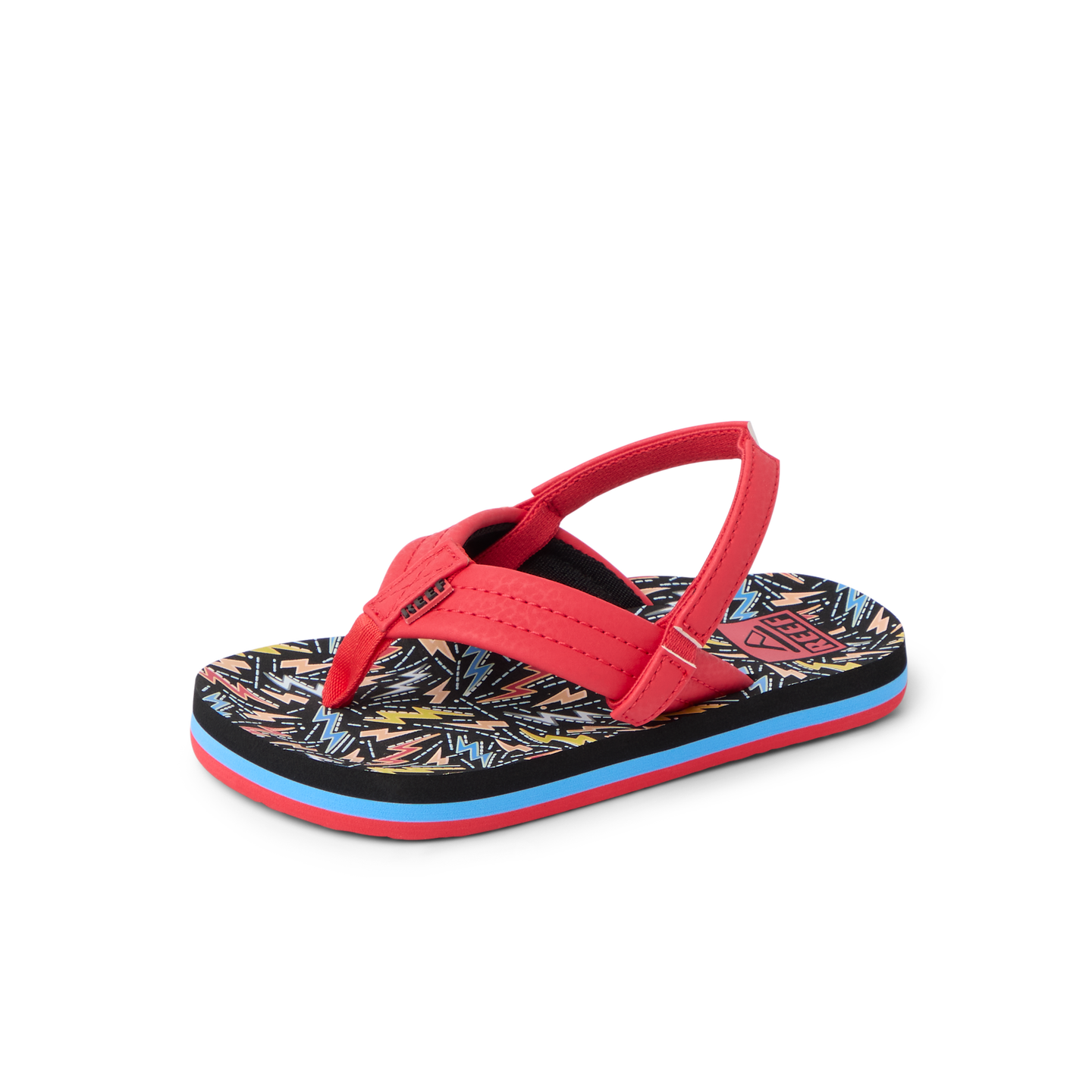 Little Ahi toddler boys' sandal facing left, red straps, colorful patterned footbed with arch support and soft cushioning.