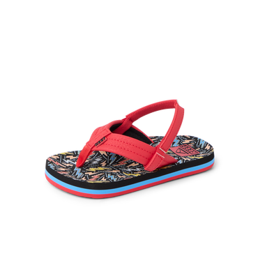 Little Ahi toddler boys' sandal facing left, red straps, colorful patterned footbed with arch support and soft cushioning.