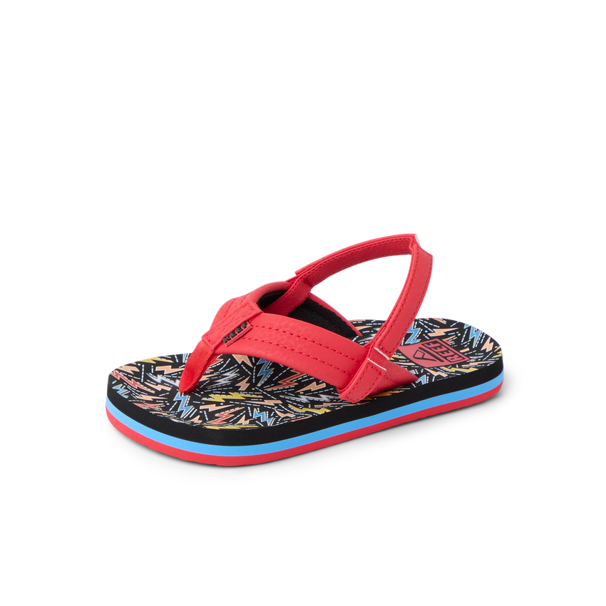 Little Ahi toddler boys' sandal facing left, red straps, colorful patterned footbed with arch support and soft cushioning.