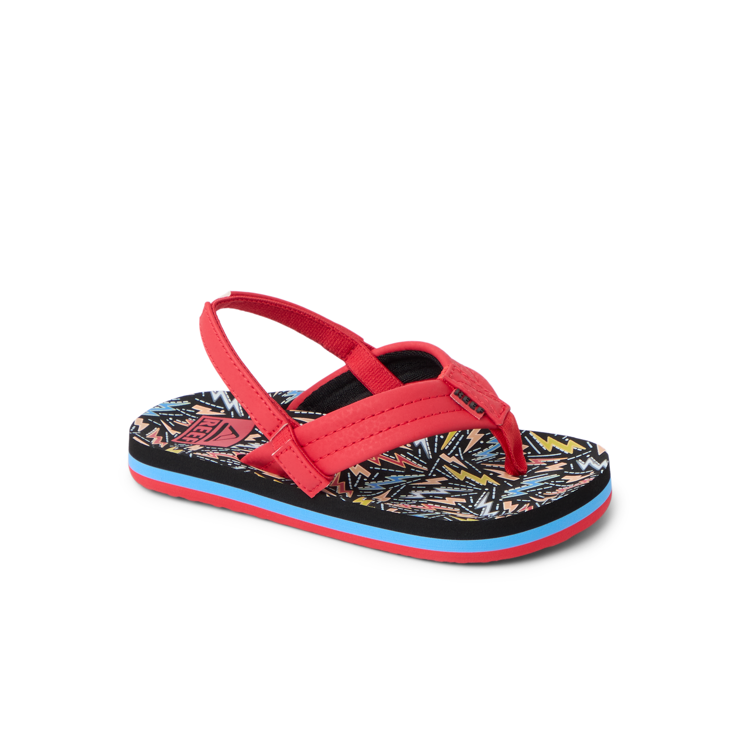 Little Ahi boys sandal facing right, close-up of front and side, featuring soft rebound cushioning and arch support.