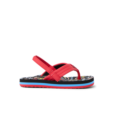 Little Ahi sandal for boys facing left, showing red straps and patterned footbed, designed for beach comfort and durability.