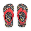 Little Ahi boys flip flops with red straps facing upward, featuring colorful bolt pattern, soft cushioning, and arch support.