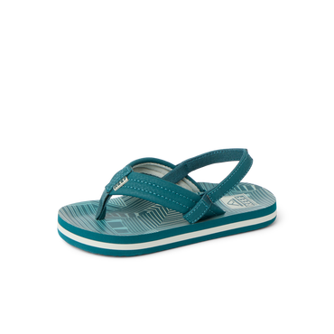 Little Ahi boys' sandal facing left, showing top and side with soft cushioning and arch support in teal stripe design.