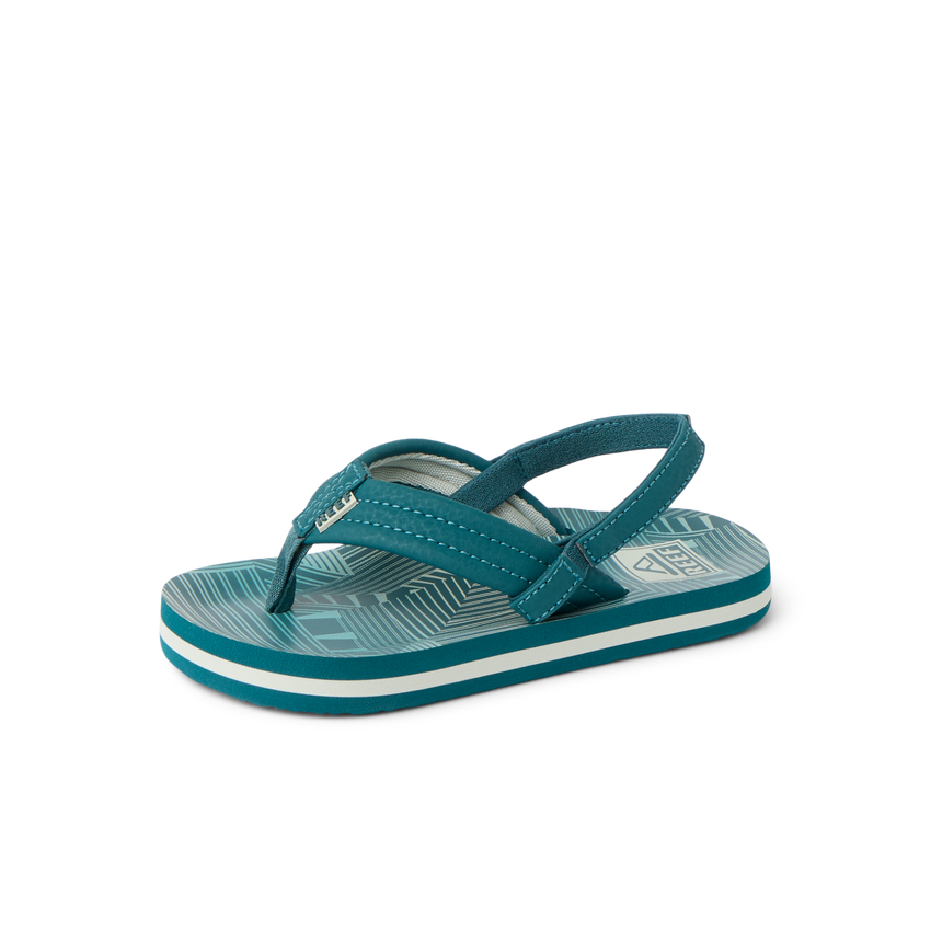 Little Ahi boys' sandal facing left, showing top and side with soft cushioning and arch support in teal stripe design.