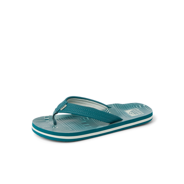 Kids Ahi teal striped flip flop facing right, close-up of footbed and straps with soft cushioning and arch support.