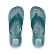 Kids Ahi blue striped flip flops for boys facing up, featuring anatomical arch support and soft-rebound cushioning.