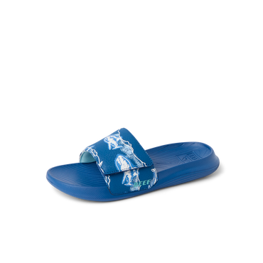 Kids Salty Slide facing left, close-up of royal blue slide with surf-inspired strap and molded footbed for comfort.