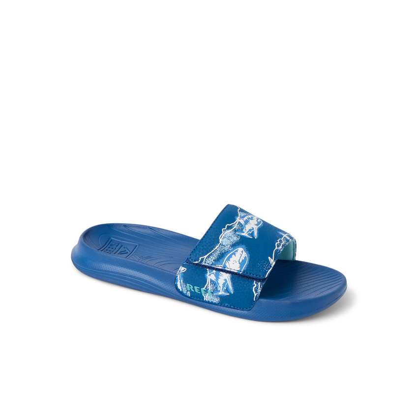 Kids Salty Slide facing right, close-up of upper and sole showing water-friendly, cushioned comfort for boys.