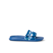 Kids Salty Slide facing left, close-up of upper strap with surf-inspired print, anatomically cushioned beach slide for boys.
