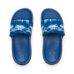 Top view of blue Kids Salty Slide facing up, featuring reef anatomical arch support and shark print strap for beach comfort.