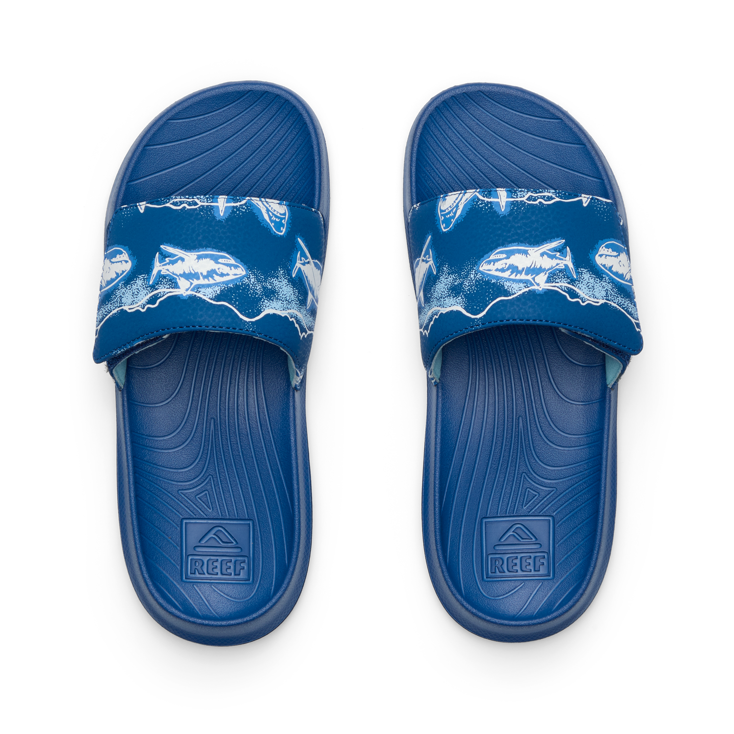 Top view of blue Kids Salty Slide facing up, featuring reef anatomical arch support and shark print strap for beach comfort.