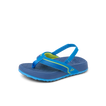 Little Windswell boys' blue flip flop facing right, showing toe post and cushioned footbed close-up for beach comfort.