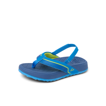 Little Windswell boys' blue flip flop facing right, showing toe post and cushioned footbed close-up for beach comfort.
