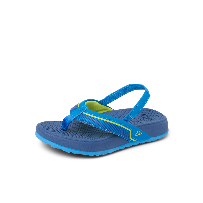 Little Windswell boys' blue flip flop facing right, showing toe post and cushioned footbed close-up for beach comfort.