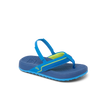 Little Windswell boys' blue flip flop facing left, close-up of side and top with arch support and cushioning.
