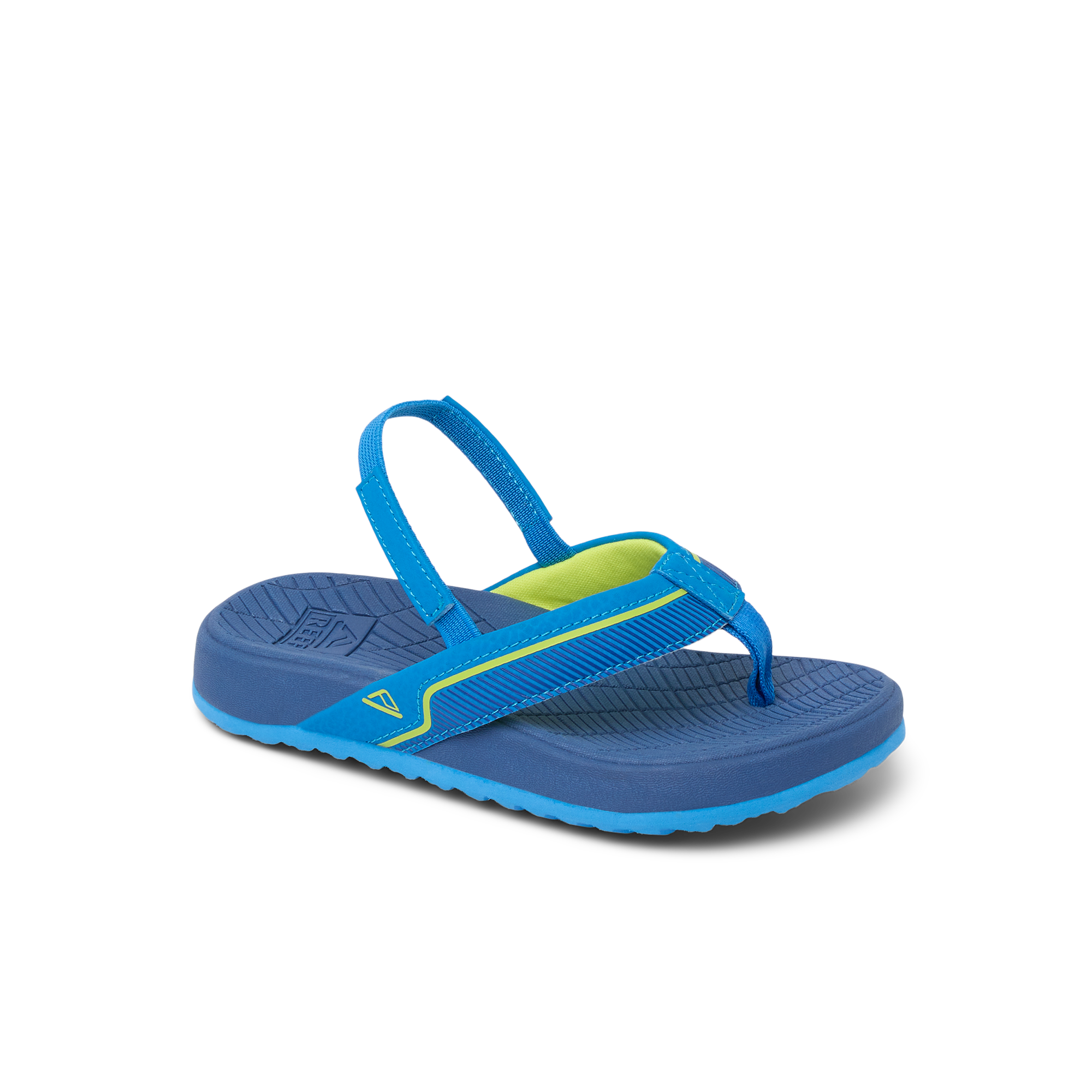 Little Windswell boys' blue flip flop facing left, close-up of side and top with arch support and cushioning.