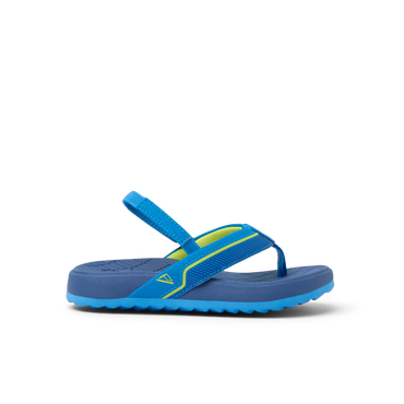 Little Windswell boys flip flop facing left, showing side profile with cushioned sole and arch support straps.