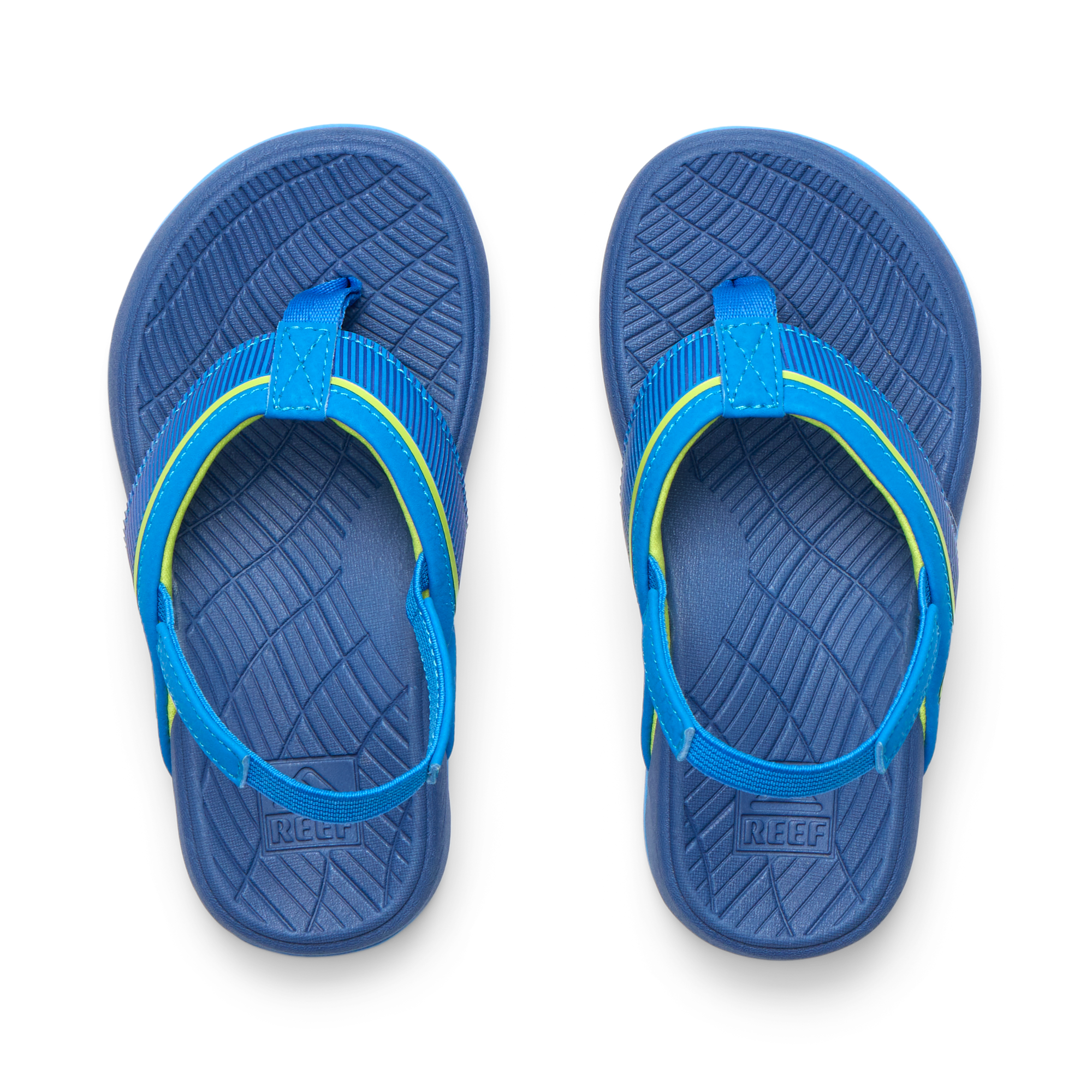Top view of Little Windswell boys flip flops in blue with surf-inspired comfort, anatomical arch support, and water-friendly materials.