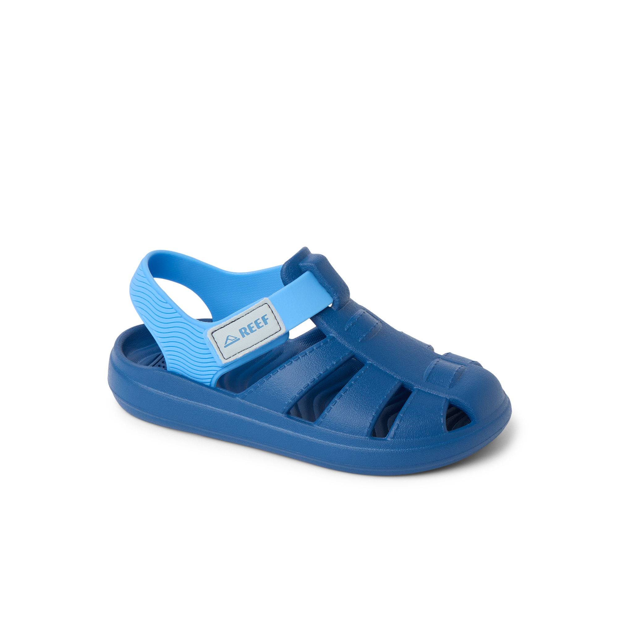 Little Totally Beachin boys sandal facing right, soft cushioning, arch support, water-friendly materials for beach comfort