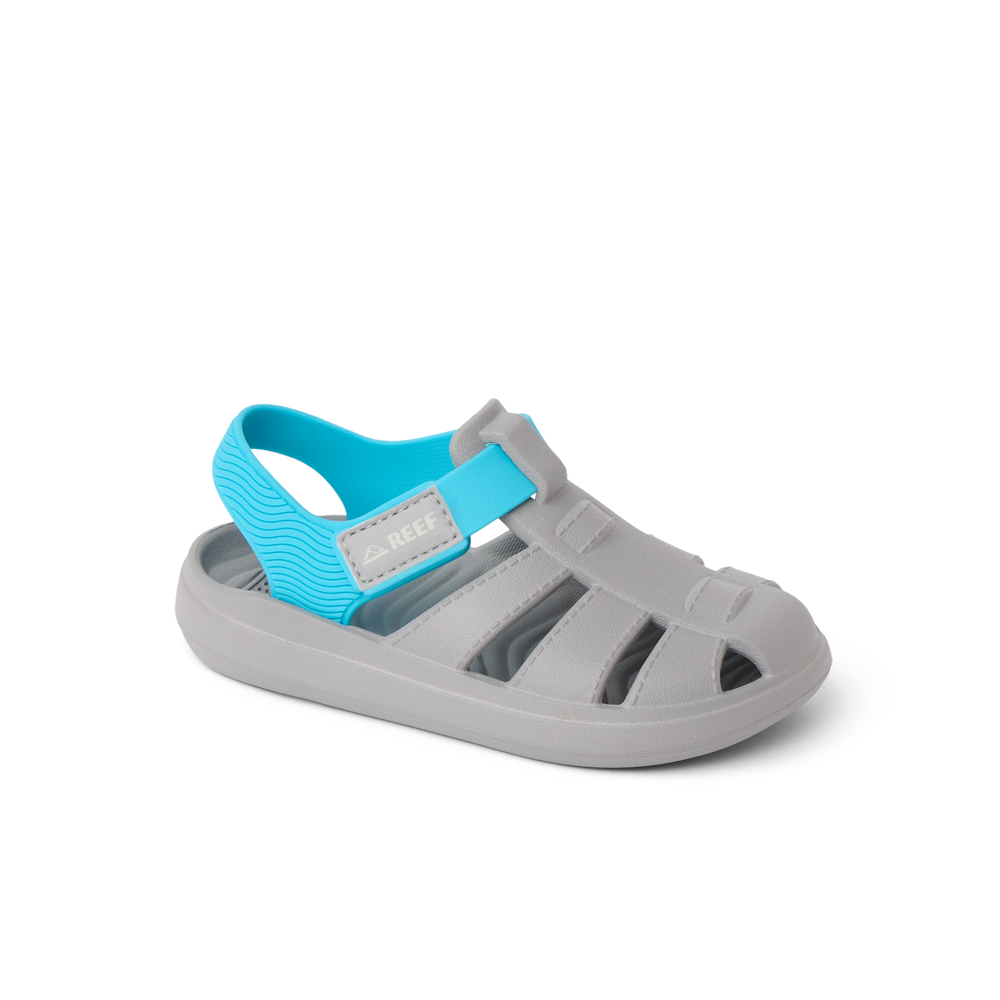 Little Totally Beachin boys sandal facing right, gray and blue with soft-rebound cushioning and arch support.