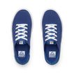 Top view of blue Kids Neptune sneakers with breathable knit upper, white laces, and cushioned sole facing forward.