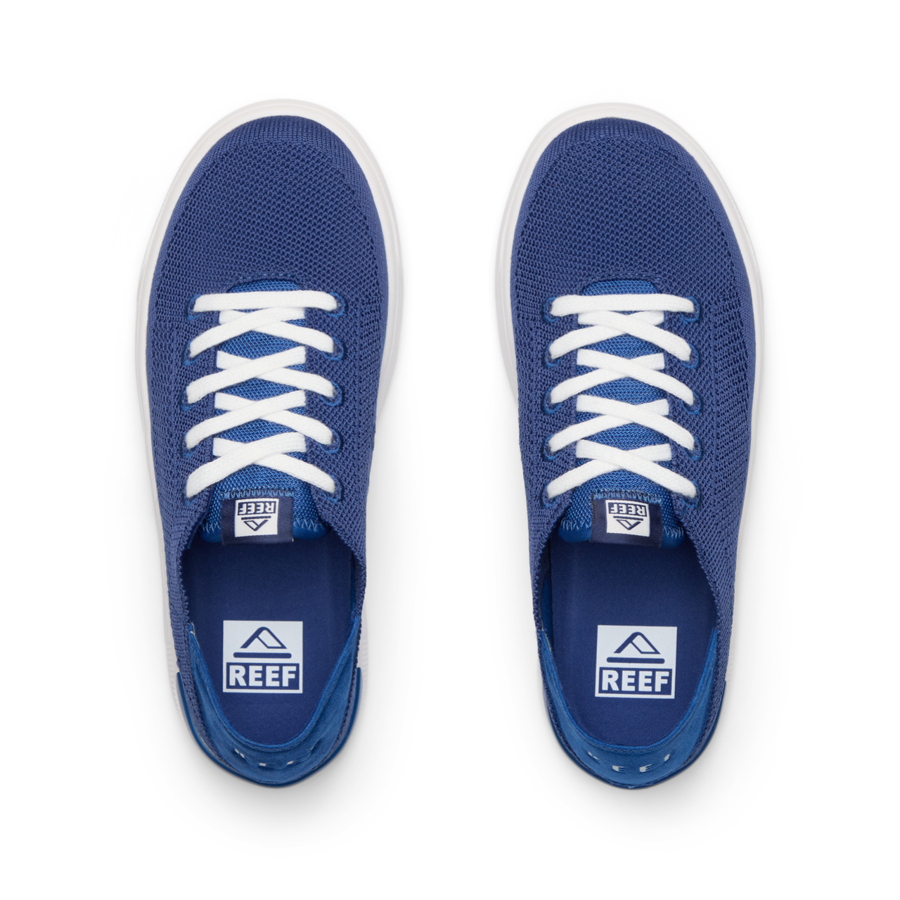 Top view of blue Kids Neptune sneakers with breathable knit upper, white laces, and cushioned sole facing forward.