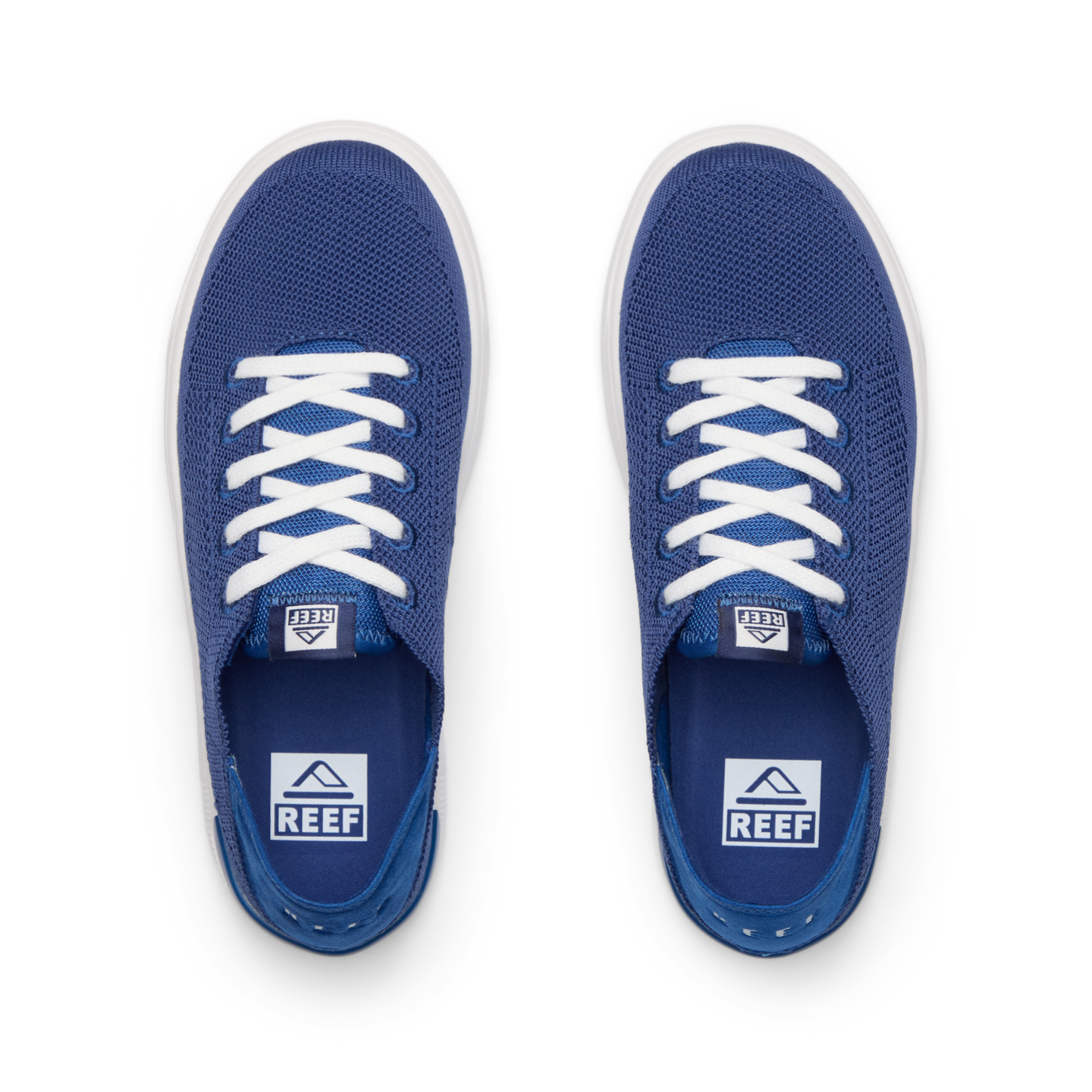 Top view of blue Kids Neptune sneakers with breathable knit upper, white laces, and cushioned sole facing forward.