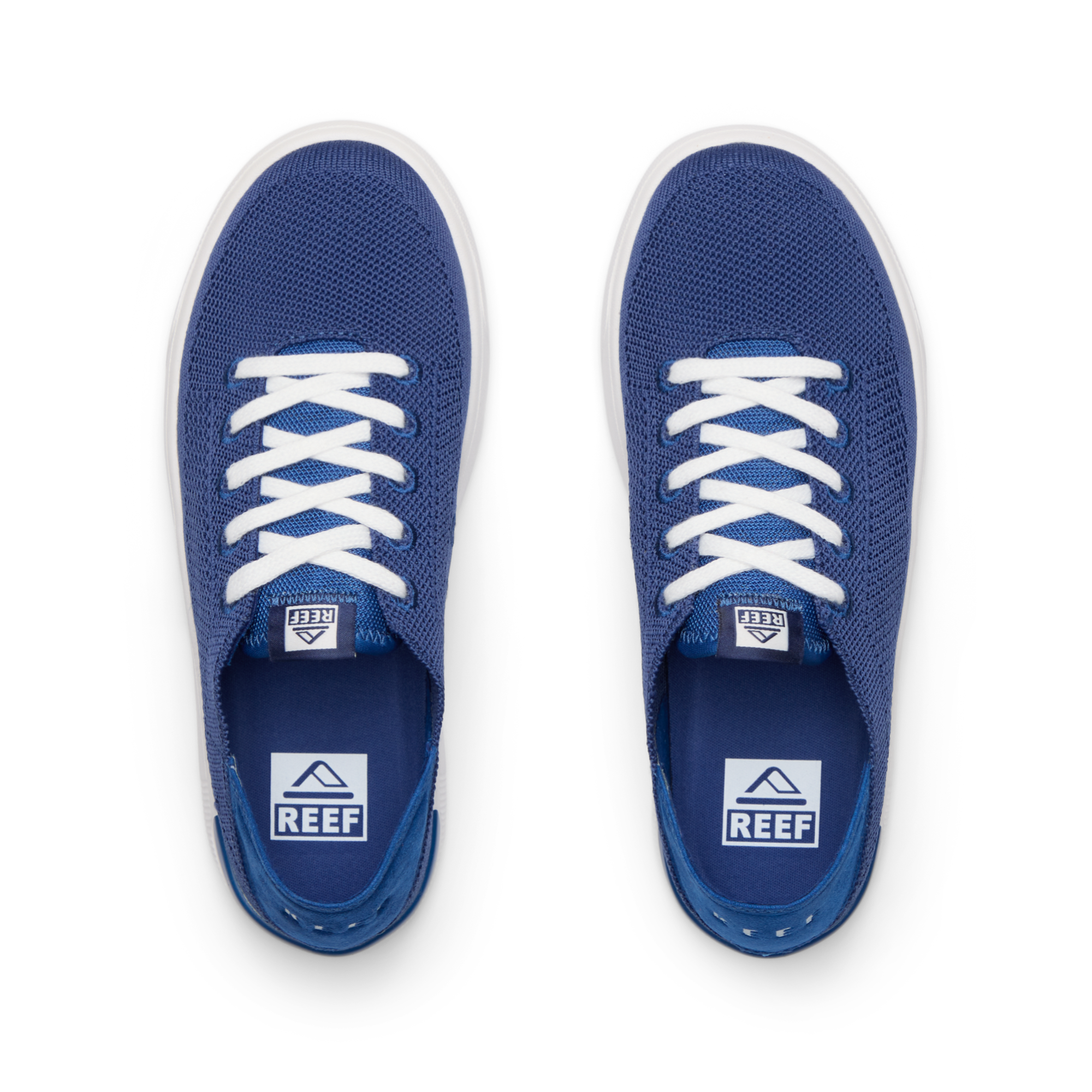 Top view of blue Kids Neptune sneakers with breathable knit upper, white laces, and cushioned sole facing forward.