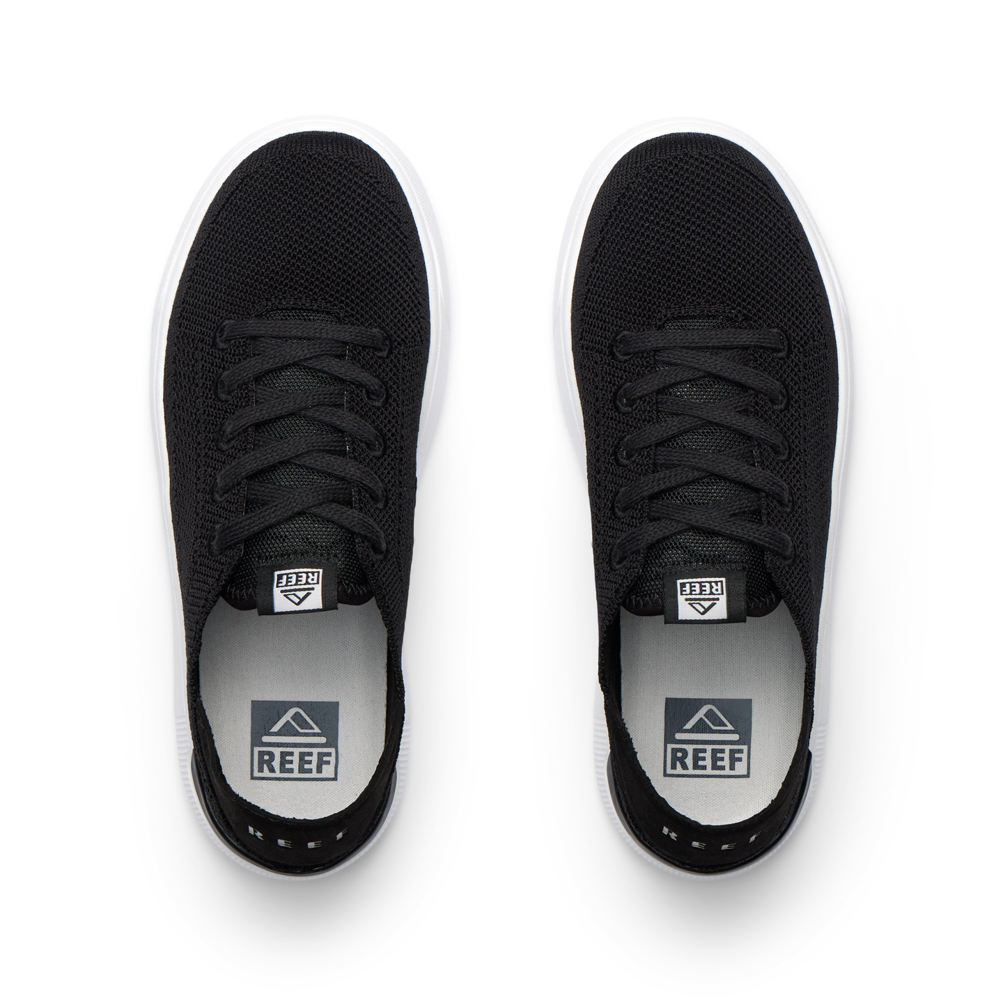 Top view of black Kids Neptune sneakers with breathable knit upper, white sole, and surf-inspired comfort design.