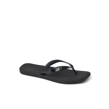 Solaye women's black flip flop facing right, showing side with soft-rebound cushioning and arch support for comfort.